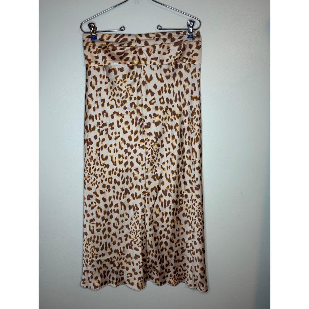 Free People Leopard Print Satin‎ Midi Skirt Tan Brown Animal Print Size 8